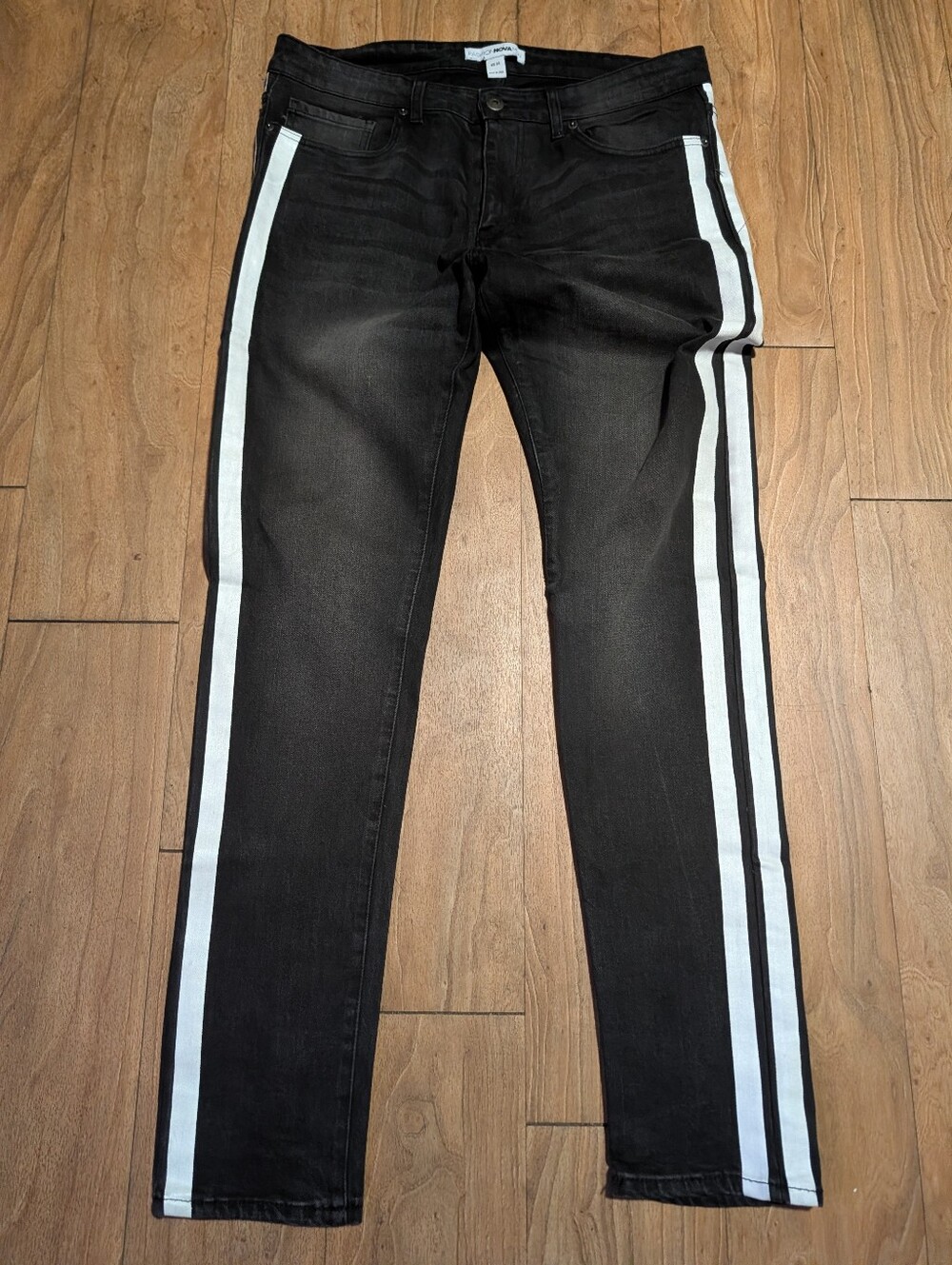 Fashion Nova Men’s Slim Straight Black Jeans with White Side Stripes